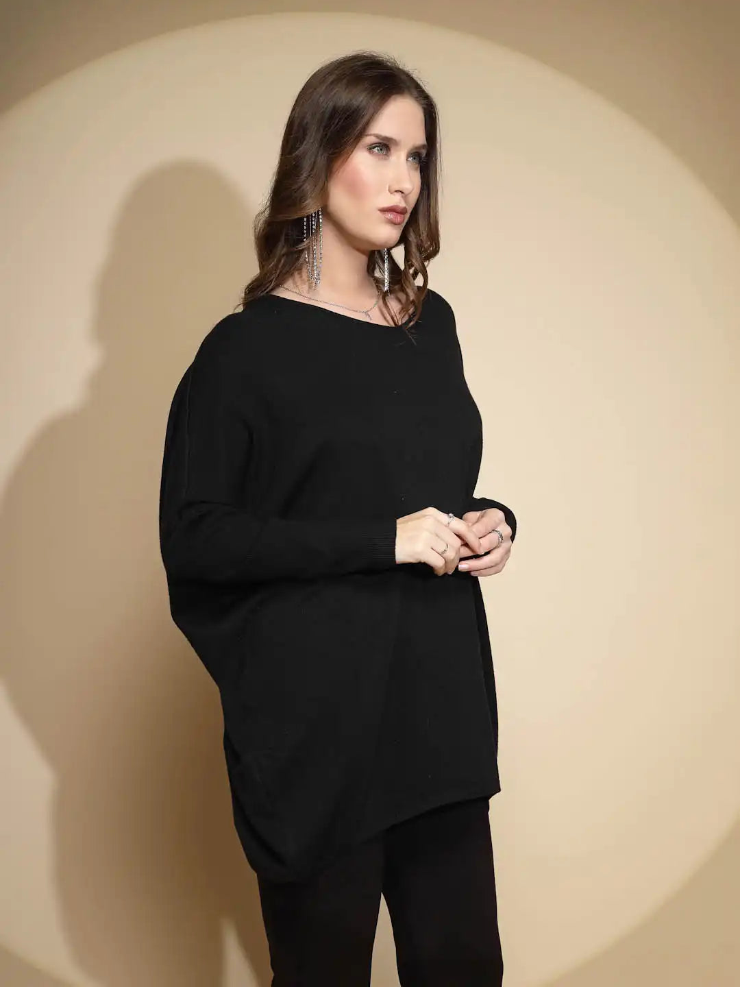 Black Embroidered Full Sleeve Round Neck Nylon Pullover Sweater