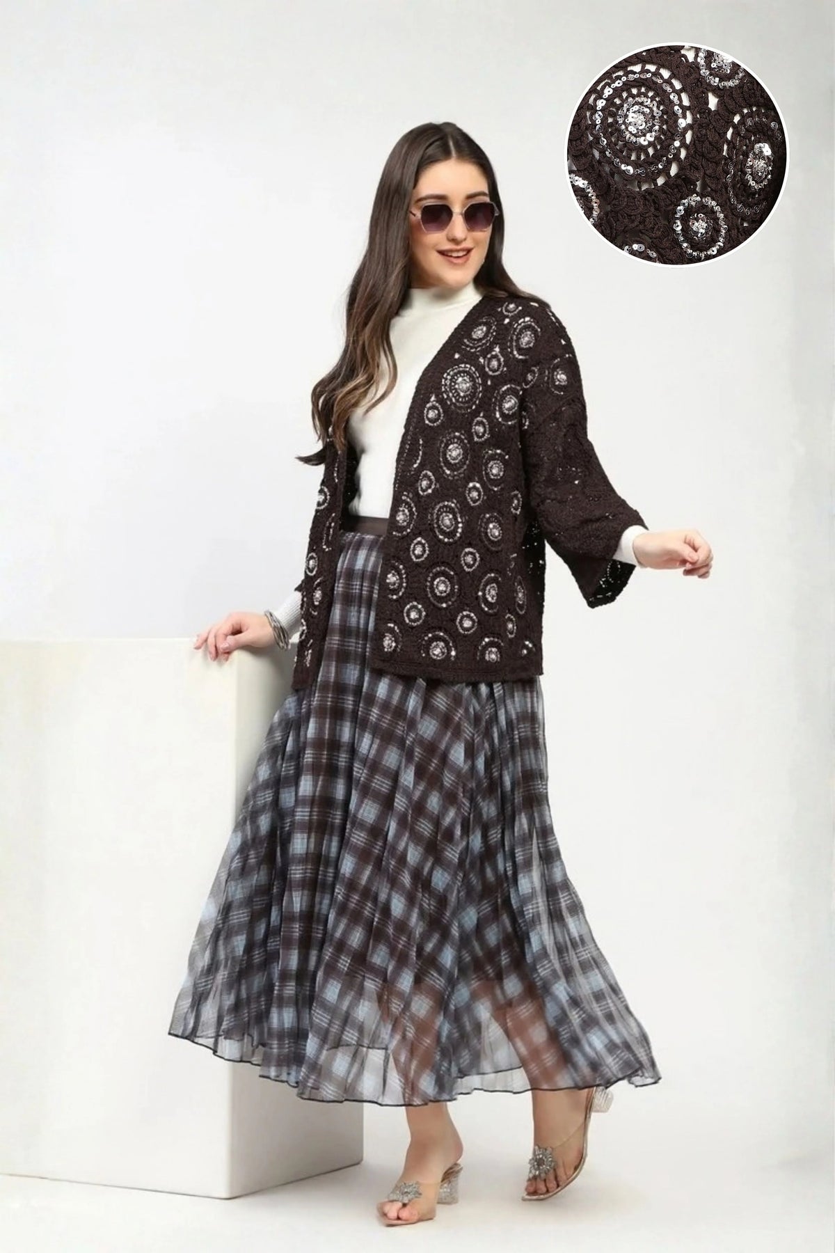 Coffee Sequin Crochet Shrug