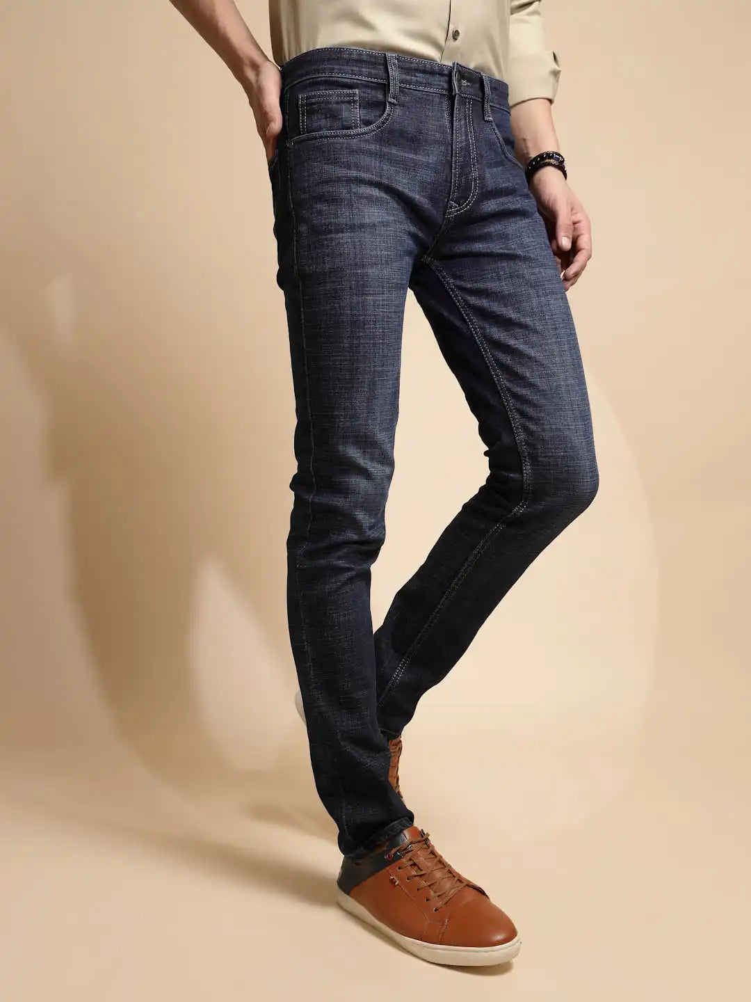 Dark Blue Solid Cotton Blend Jeans - Global Republic