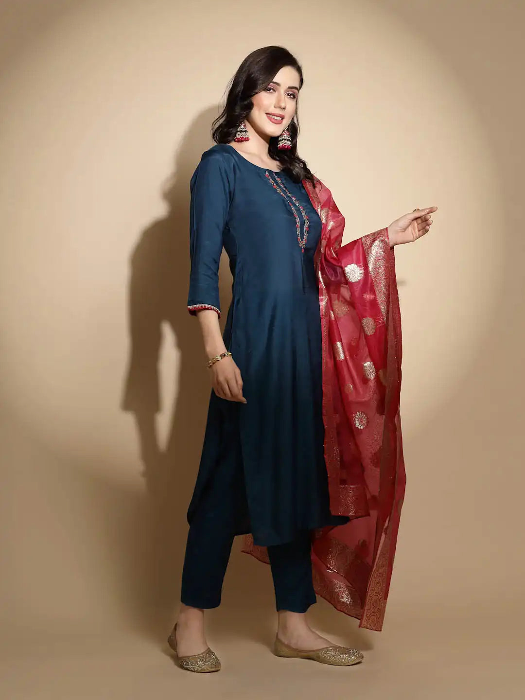 Teal Embroidered Cotton Kurta Bottom Set With Organza Dupatta