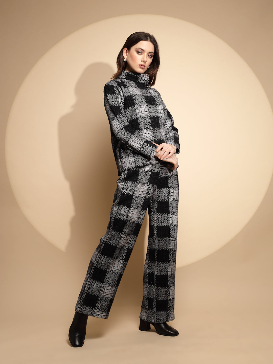 Women Black Checkered Turtle Neck Full Sleeve Loose fit Co-ord Set