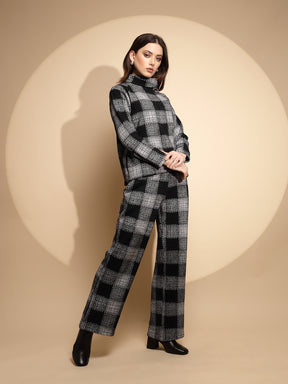 Women Black Checkered Turtle Neck Full Sleeve Loose fit Co-ord Set