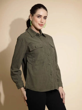 Olive Solid Full Sleeve Collared Neck Cotton Shirt