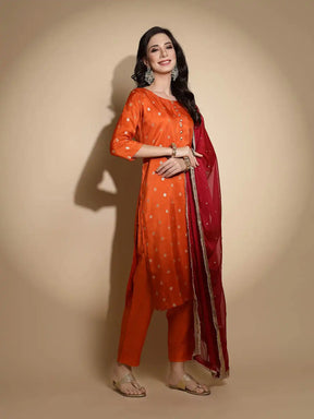 Orange Foil Printed Three Quarter Sleeves Round Neck Silk Kurta Set With Organza Dupatta