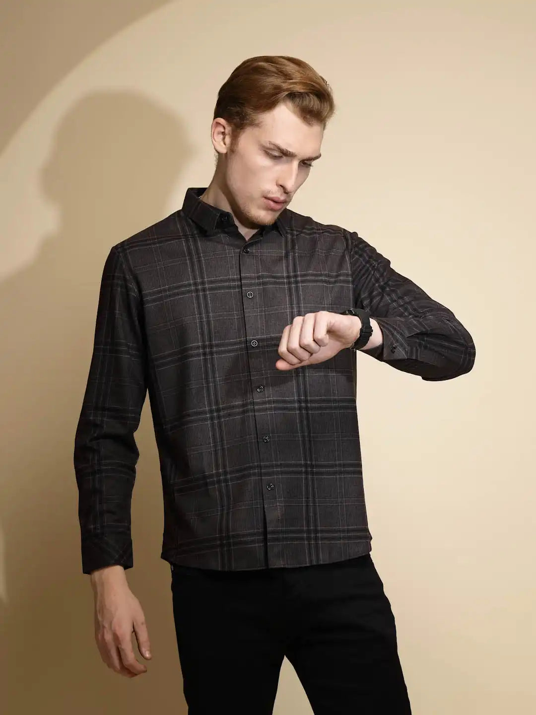 Dark Grey Checkered Full Sleeve Collared Neck Shirt - Global Republic