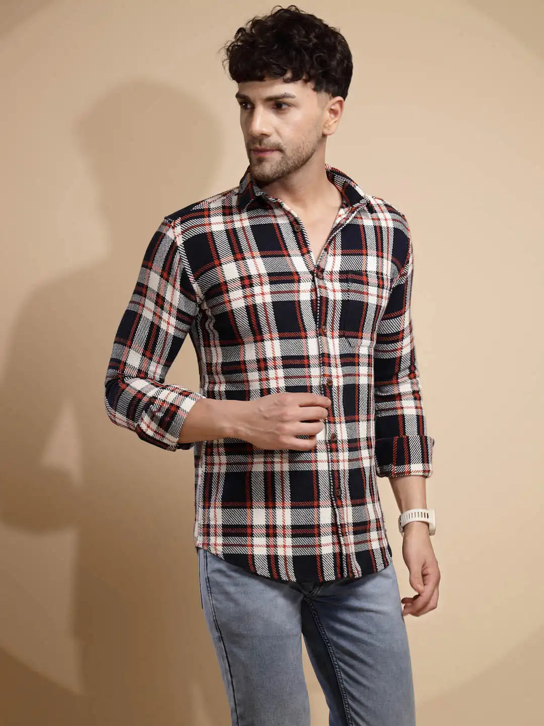 Multicolor Block Print Full Sleeve Collared Neck Linen Check Shirt