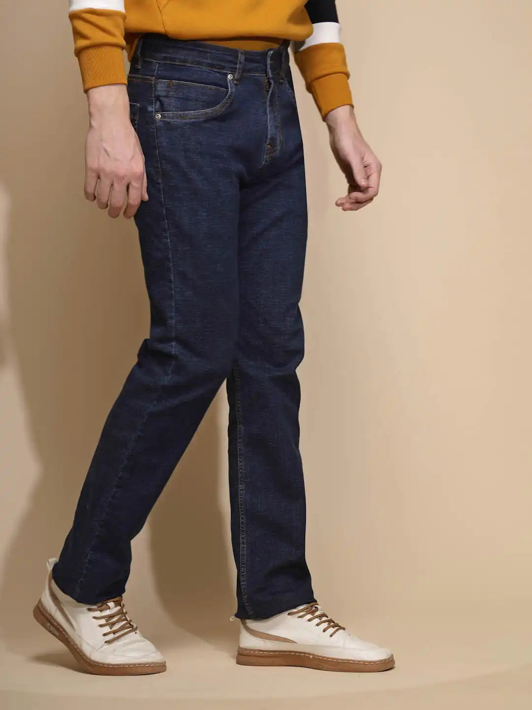 Dark Blue Solid Mid Rise Straight Fit Cotton Blend Full Length Jeans - Global Republic