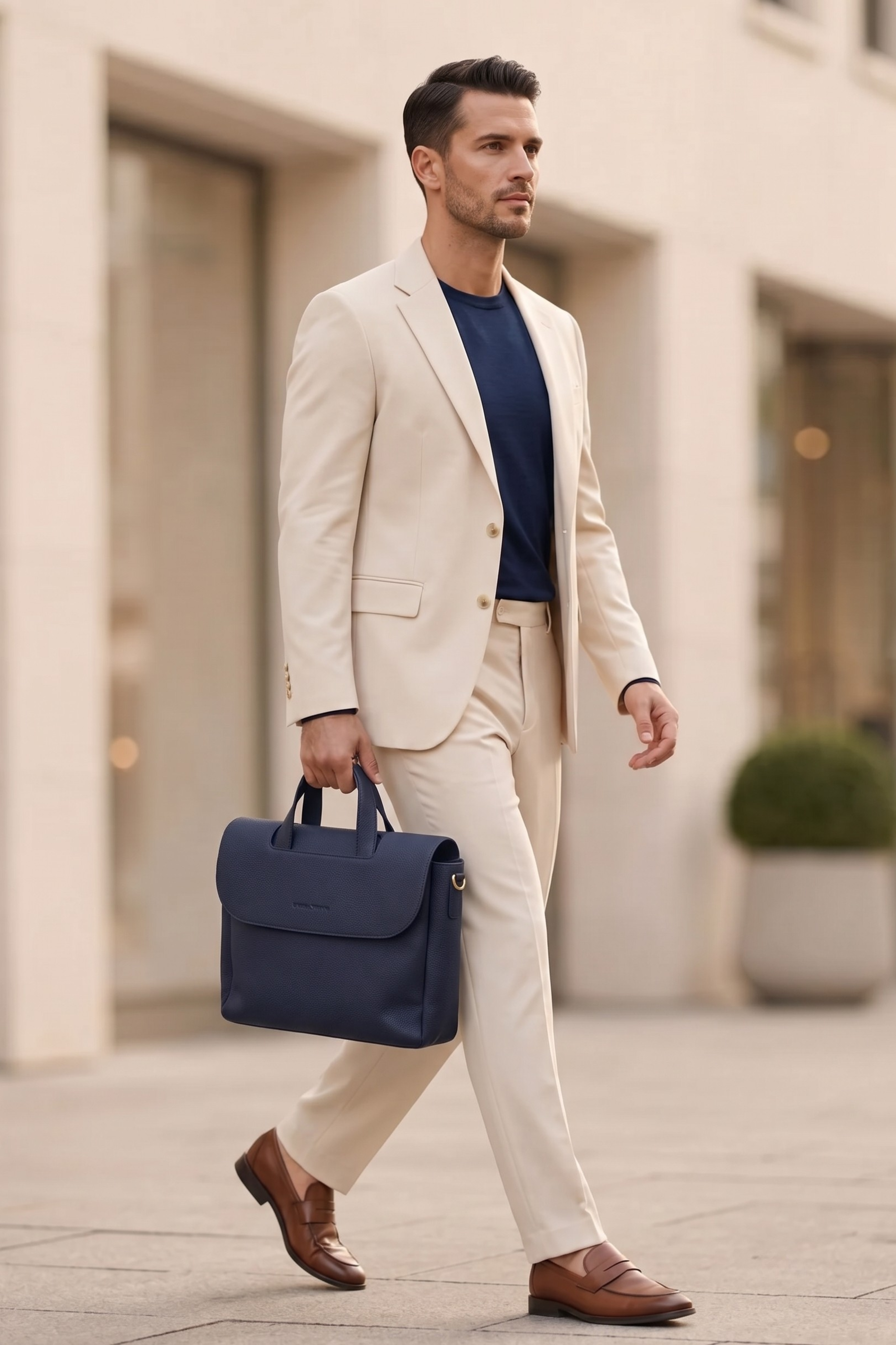 Navy Leather Laptop Briefcase