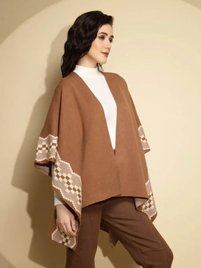 Brown Abstract Print Three Quarter Sleeve Open Neck Knitted Winter Shrug