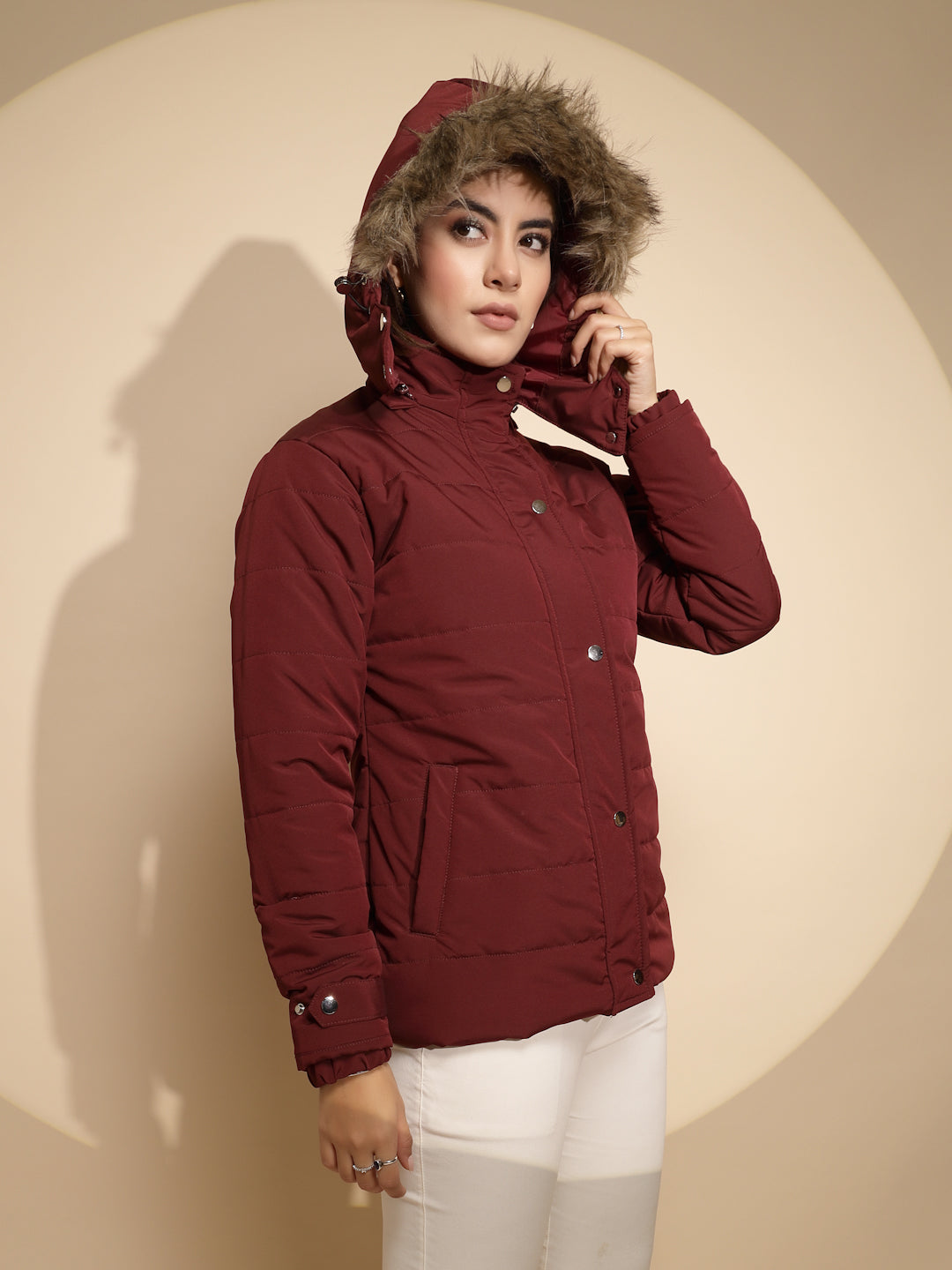 Women Maroon Solid  Full Sleeve Regular fit Hooded Jacket - Global Republic