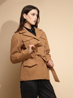 Women Light Brown Solid Collared Neck Full Sleeve Knitted Wrap Coat
