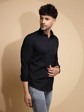 Blue Solid Full Sleeve Collar Neck Cotton Blend Shirt