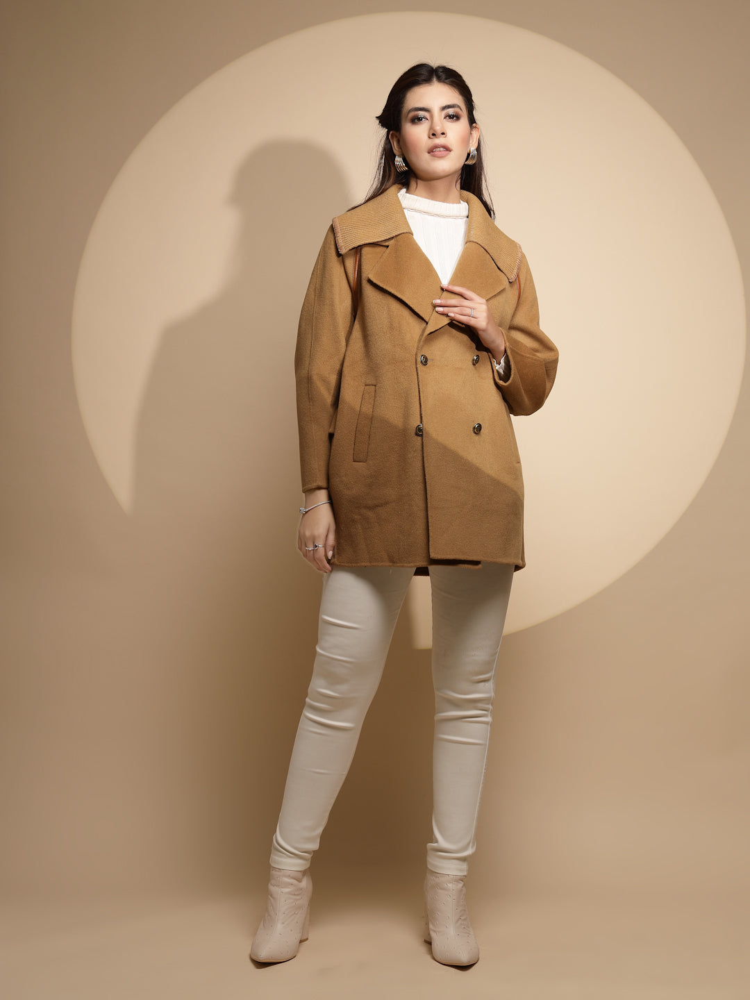 Women Brown Solid Collared Neck Full Sleeve Wool Coat