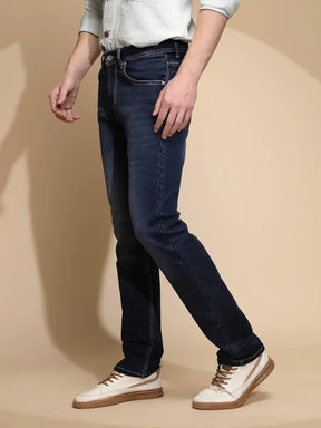 Solid Blue Mid Rise Straight fit Jeans