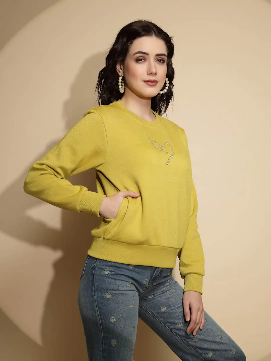 Solid Mustard Full Sleeve Round Neck Acrylic Sweatshirt