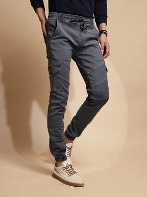 Grey Mid Rise Cotton Blend Jogger