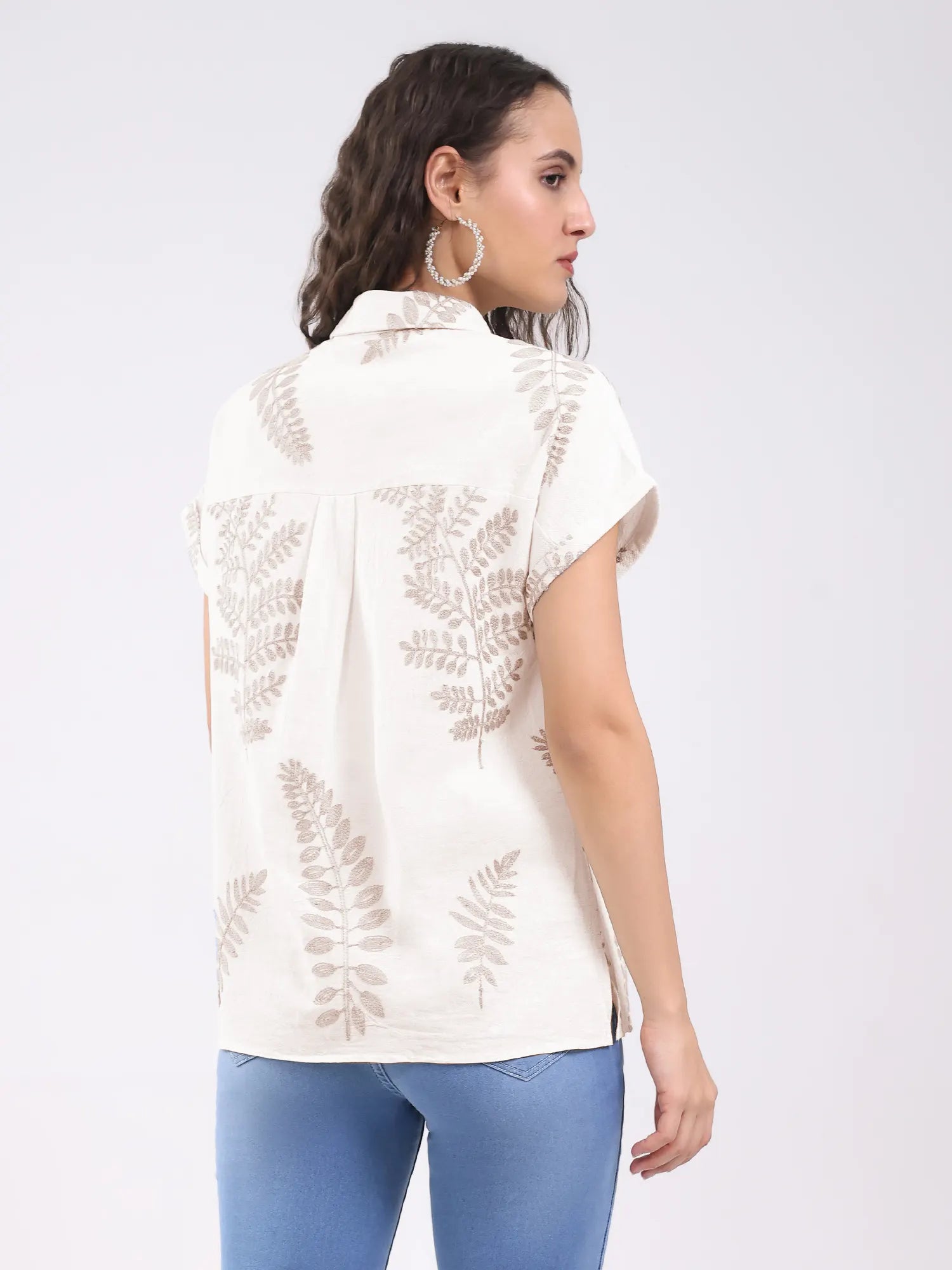 Beige Embroidered Boxy Shirt