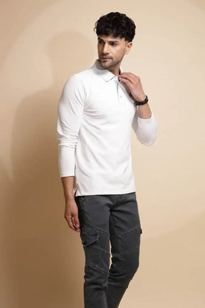 Solid White Full Sleeve Collared Neck Regular fit T-Shirt
