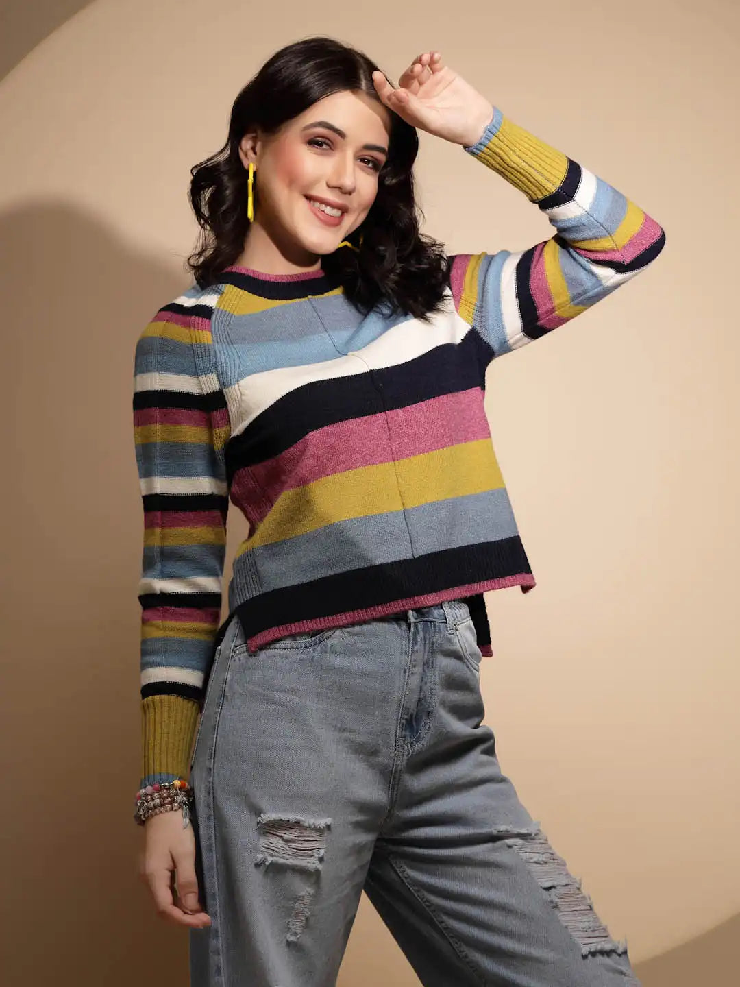 Multicolor Striped Full Sleeve Knitted Casual Pullover