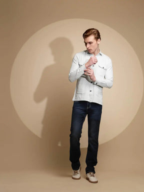 Green Solid Full Sleeve Collared Neck Cotton Shacket