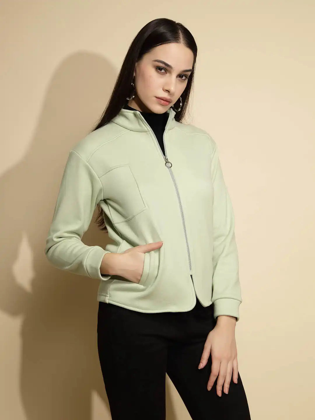 Green Solid Full Sleeve Turtle Neck Fleece Sweatshirt