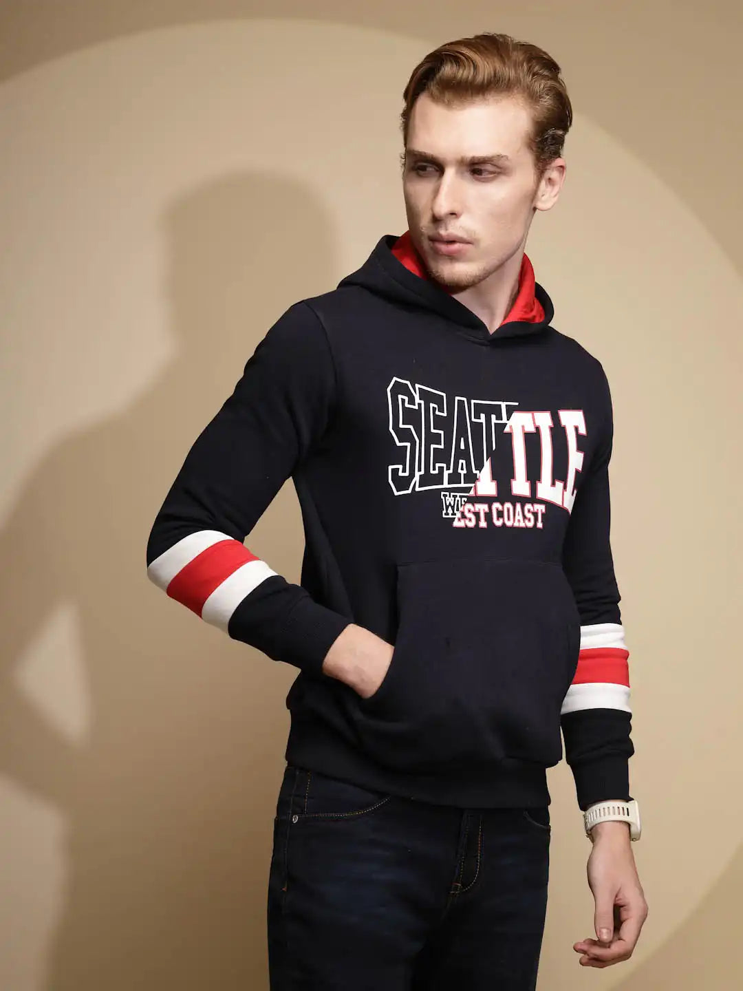 Navy Blue Solid Full Sleeve Fleece Hooded Sweatshirt - Global Republic