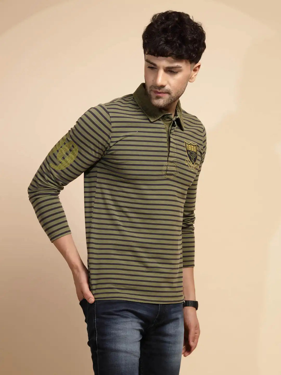 Green Striped Three Fourth Sleeve Polyester T-Shirt