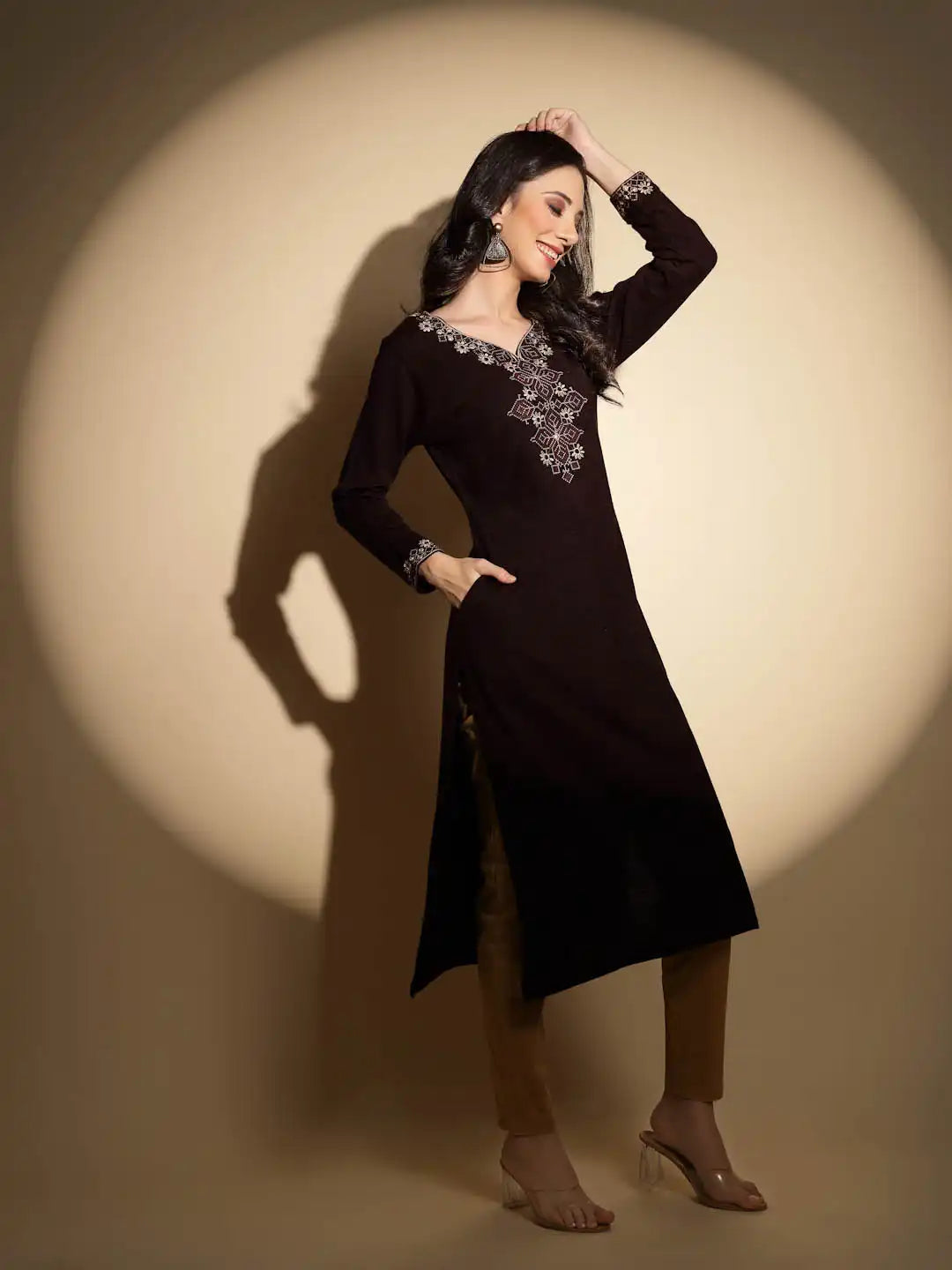 Wine Embroidered Raglan Cut Crew Neck Woolen Straight Fit Kurta - Global Republic