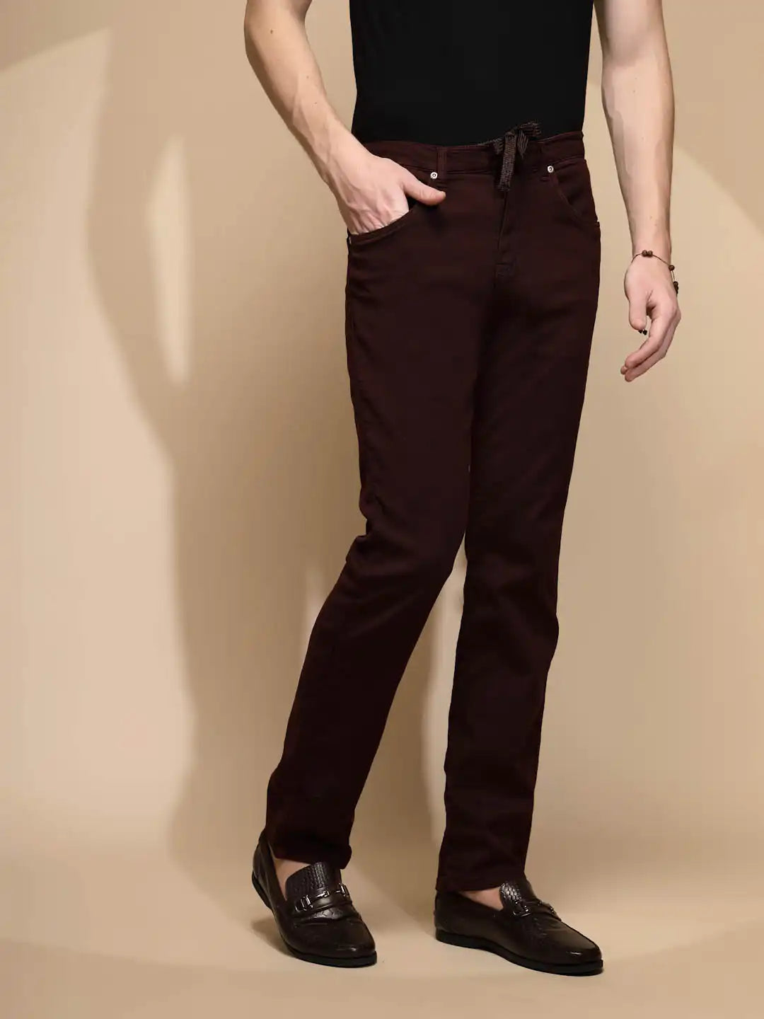 Maroon Solid Mid Rise Slim Fit Cotton Blend Jeans
