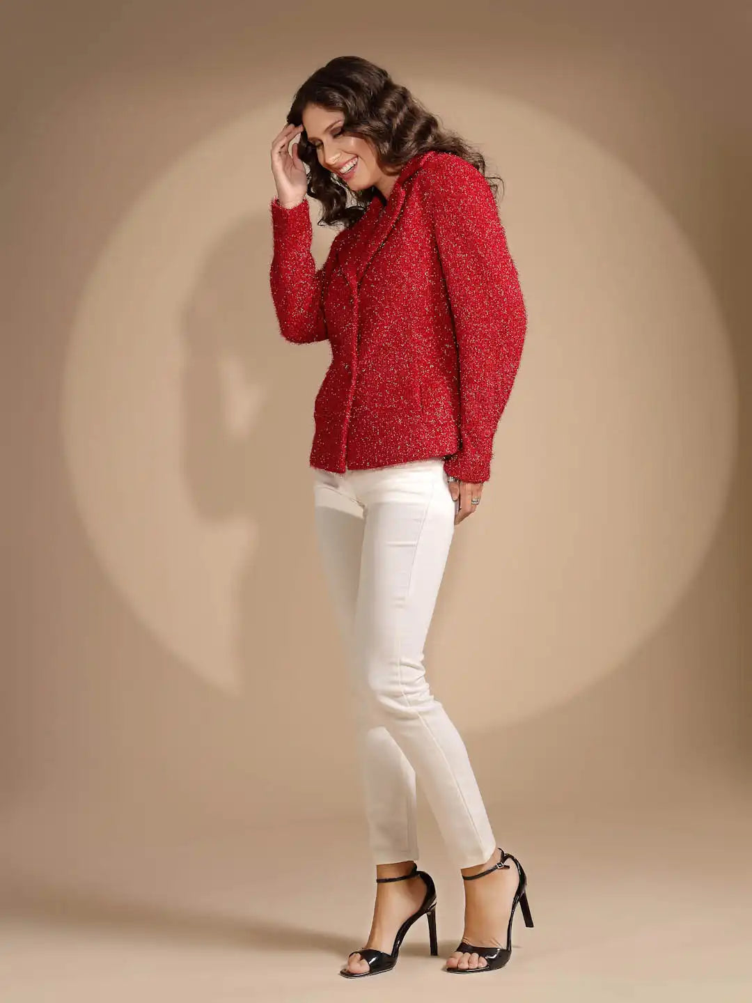 Women's Solid Collared Neck Red Blazer