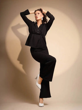 Women's Solid Collared Neck Black Co ord Set