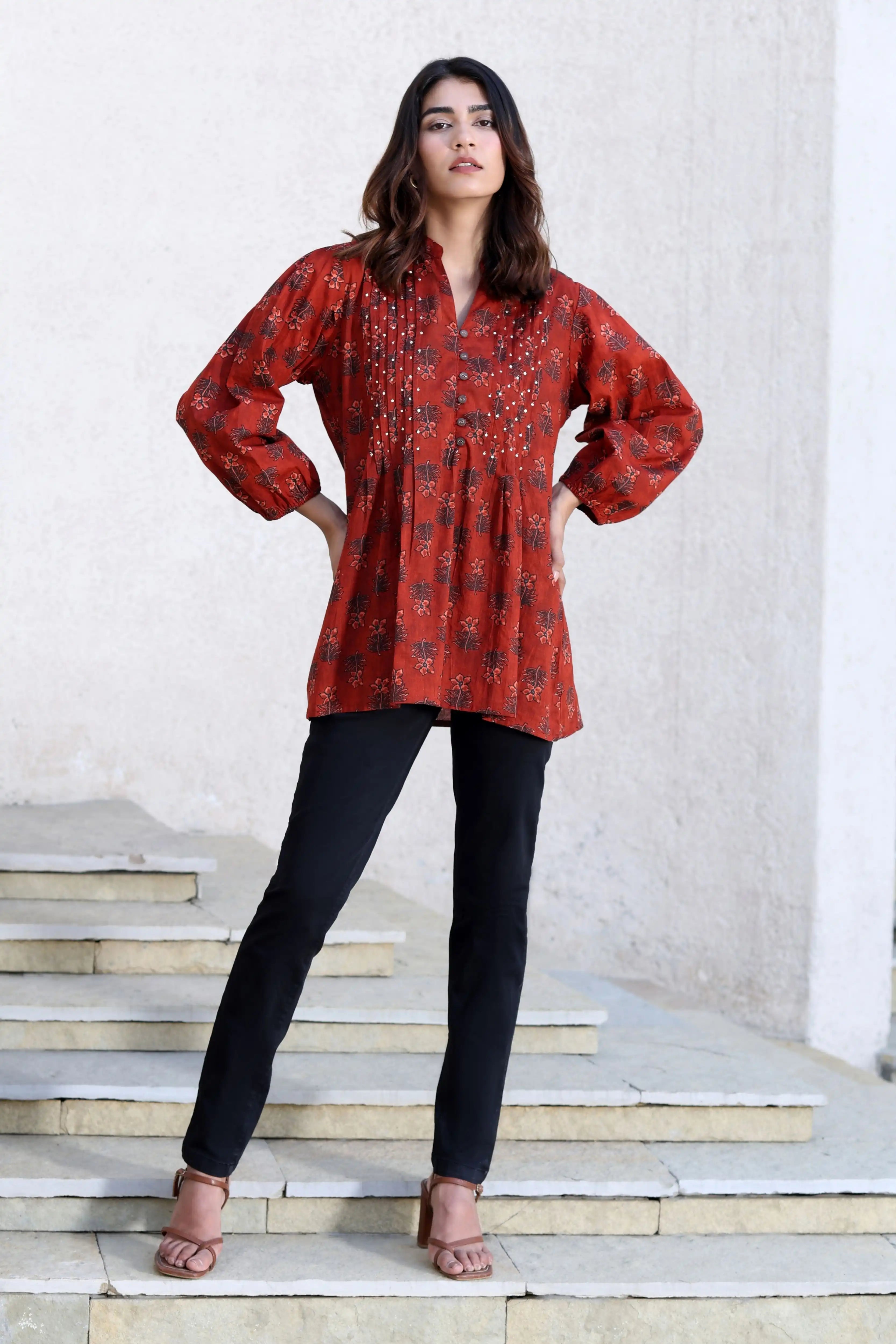 Rust Floral Print Cotton Tunic - Global Republic