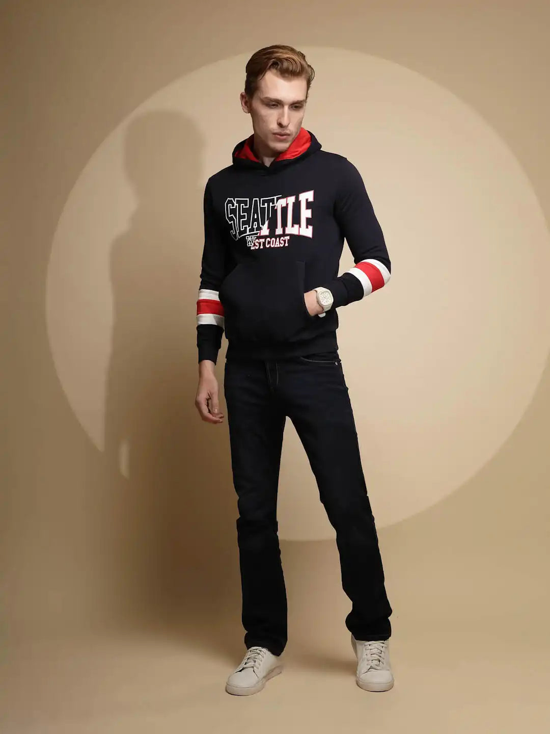Navy Blue Solid Full Sleeve Fleece Hooded Sweatshirt - Global Republic