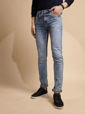 Light Blue Solid Mid Rise Cotton Blend Slim Fit Jeans