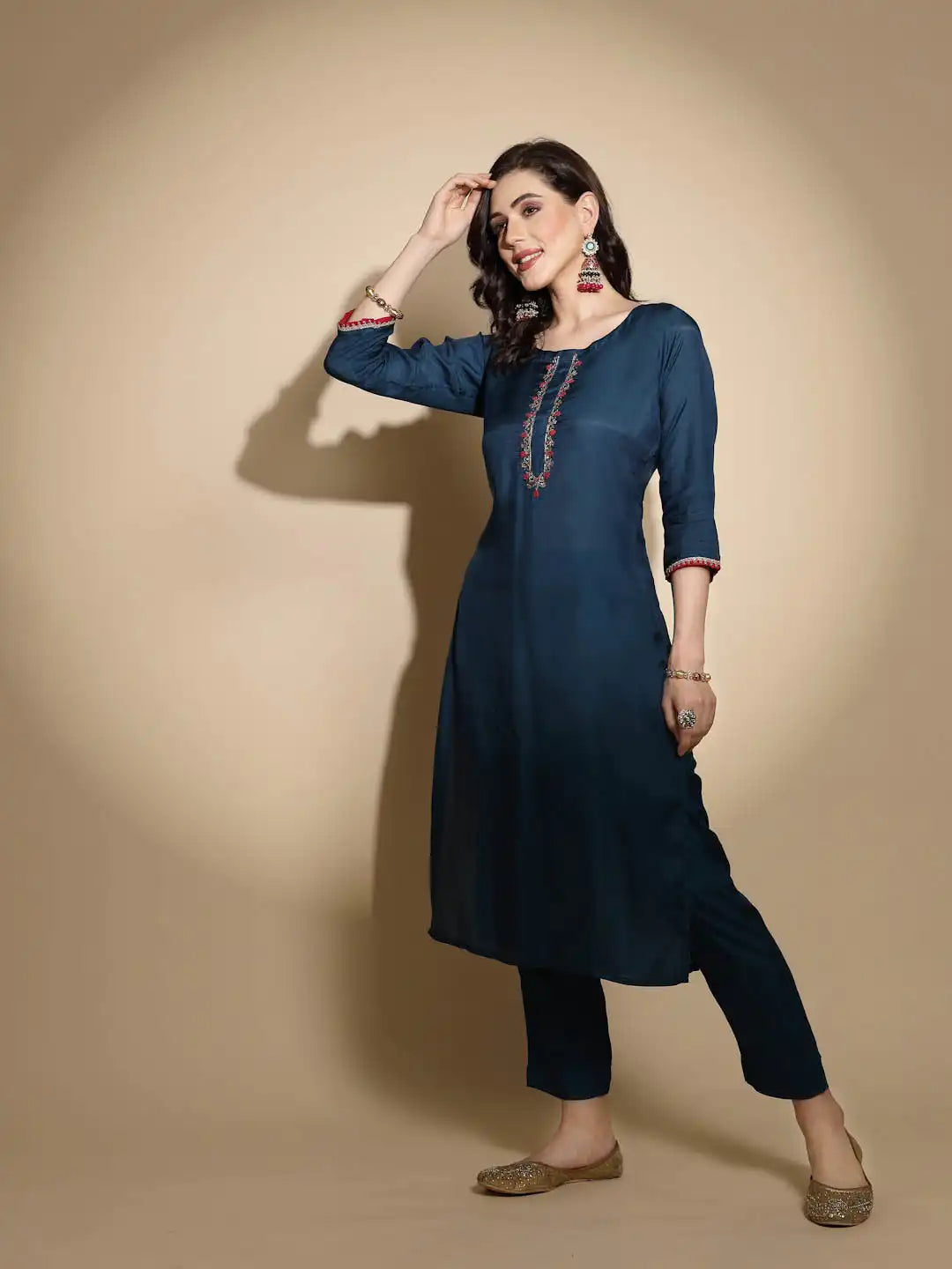 Teal Embroidered Three Quarter Sleeves Round Neck Cotton Kurta Set With Organza Dupatta