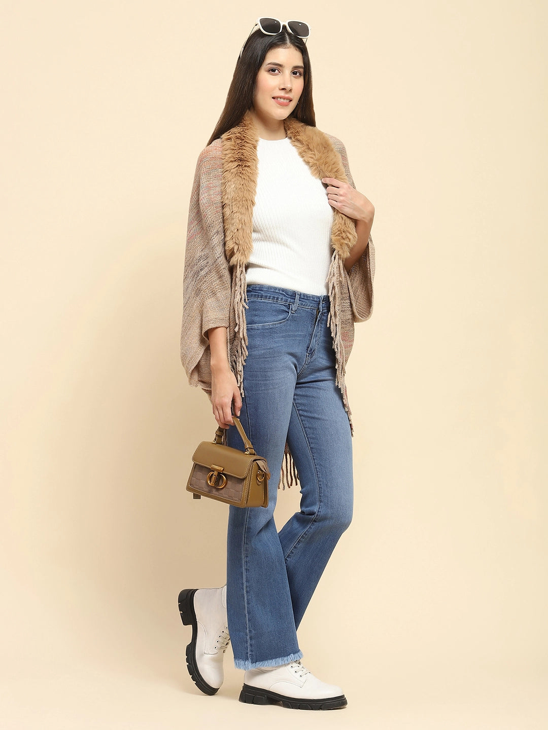 Khaki Mélange Acrylic Knitted Relaxed Fit Cape - Global Republic
