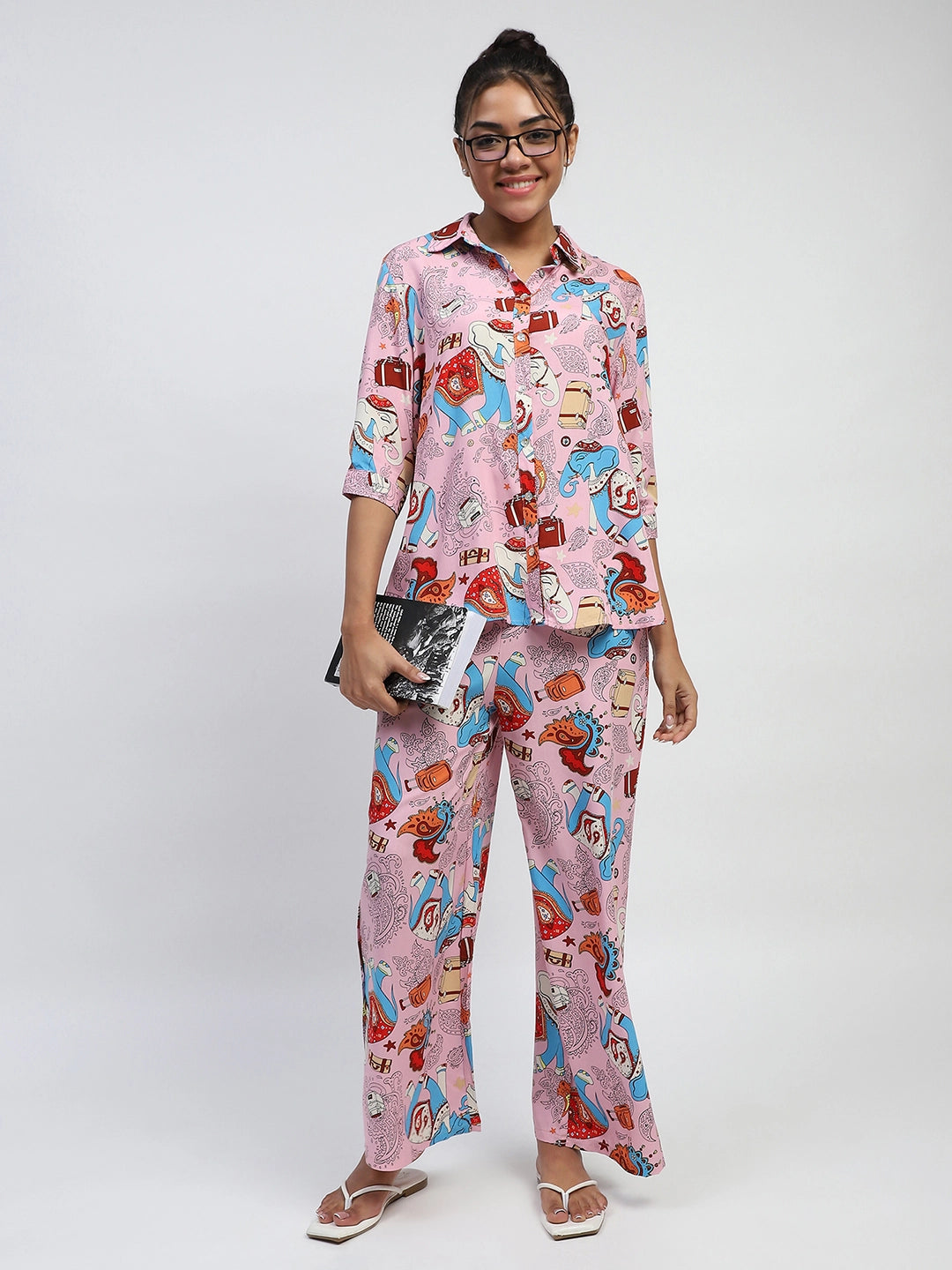 Pink Rayon Graphic Print Nightsuit