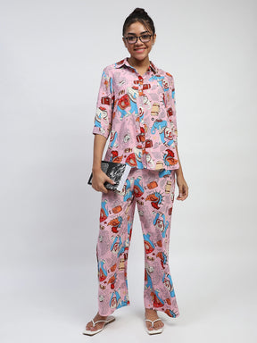 Pink Rayon Graphic Print Nightsuit
