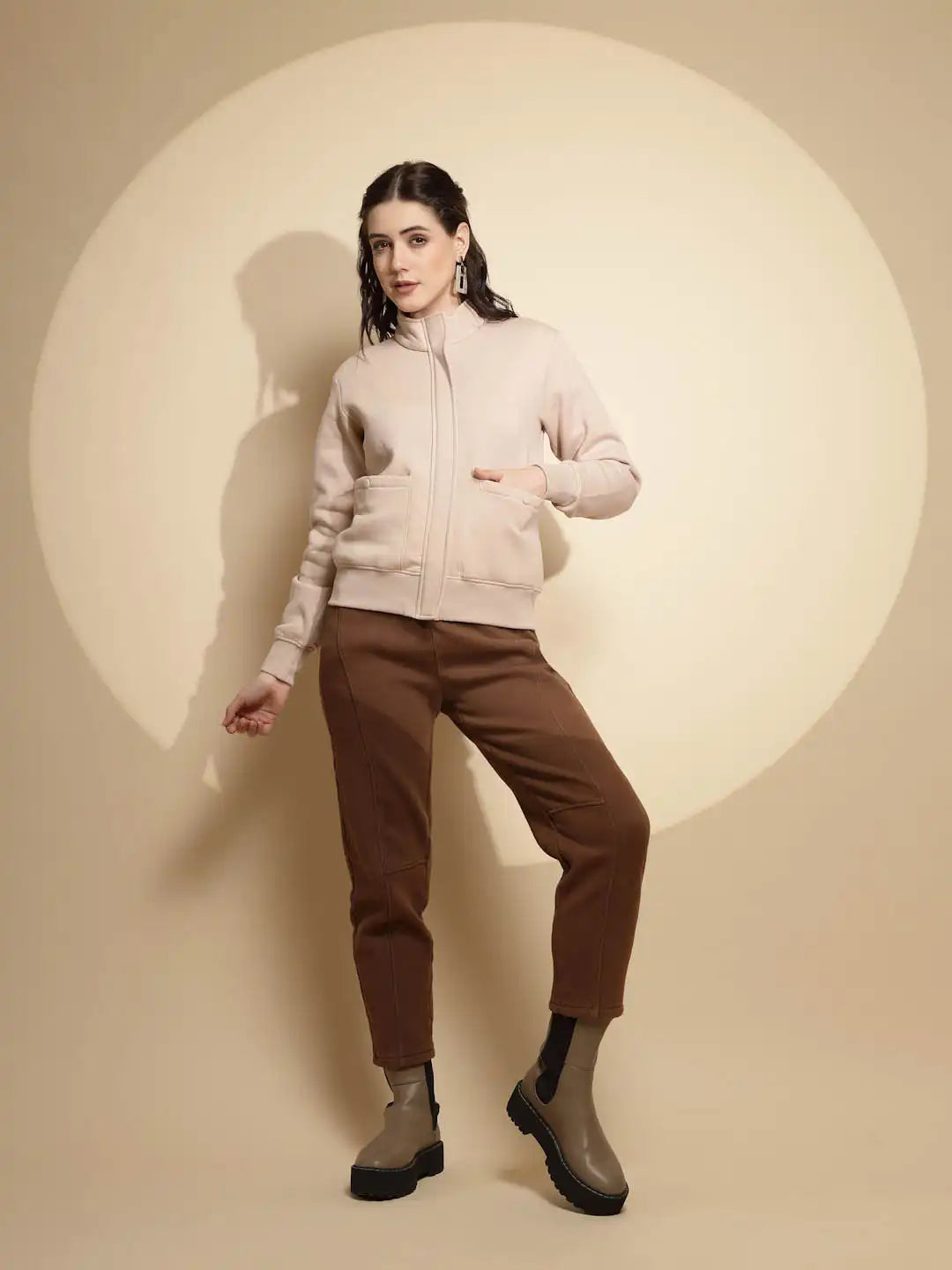 Beige Solid Full Sleeve Turtle Neck Acrylic Sweatshirt