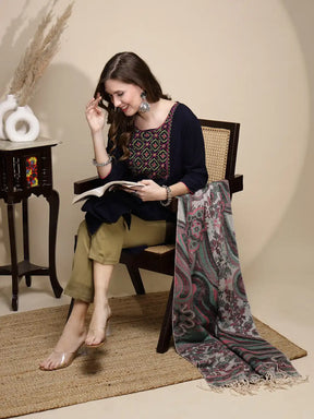 Women Blue Embellished Kurta Round Neck Polyester Blend With Three Quarter Sleeve
