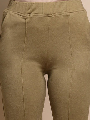 Women Beige Solid Pants Corduroy Mid Rise - Global Republic