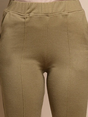 Women Beige Solid Pants Corduroy Mid Rise