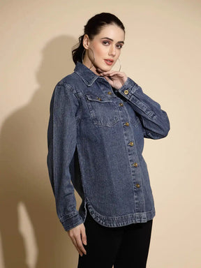 Blue Solid Full Sleeve Collared Neck Denim Shacket