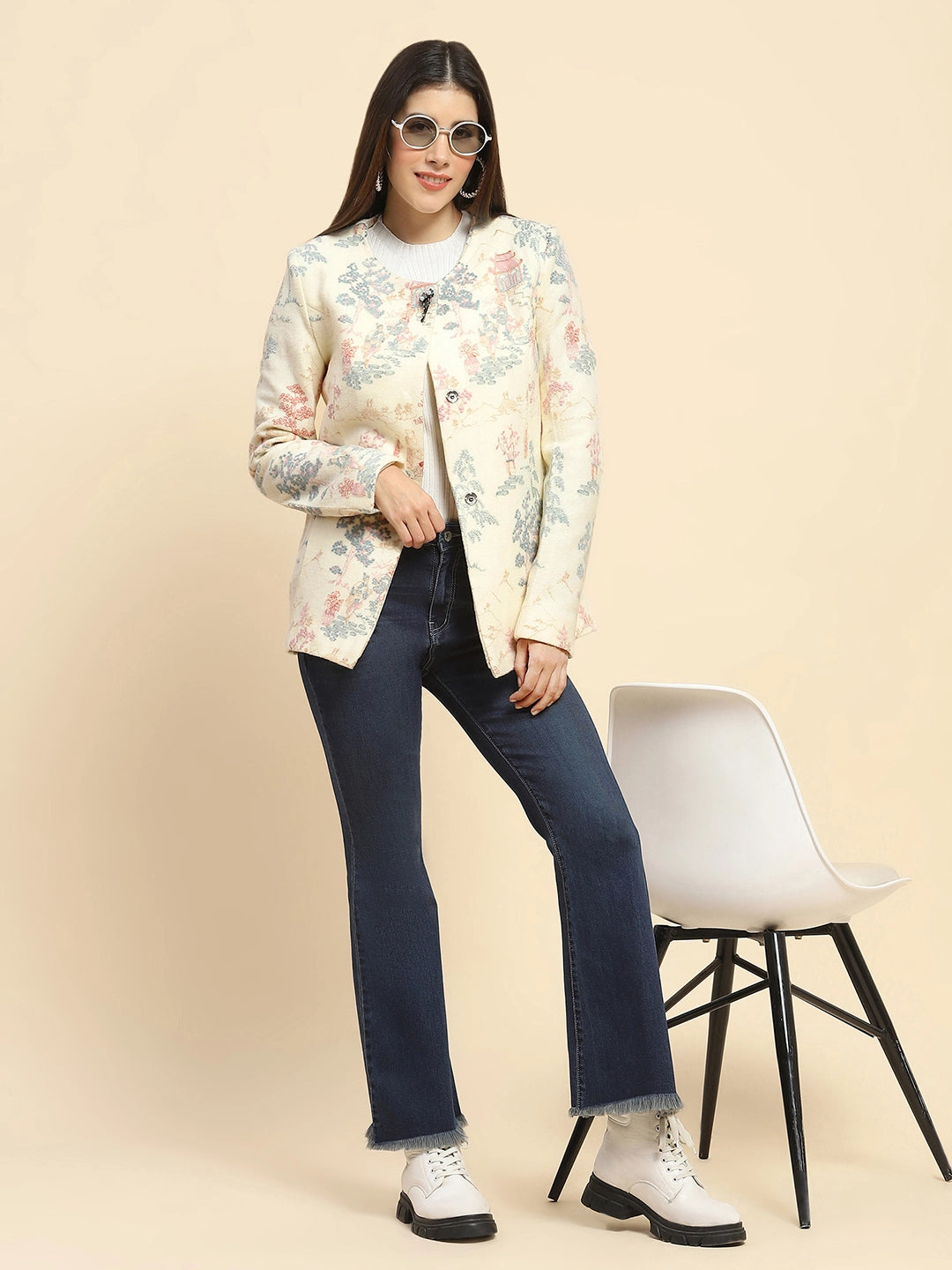 Cream  Acrylic Thread Embroidered Regular Fit Coat For Winter - Global Republic