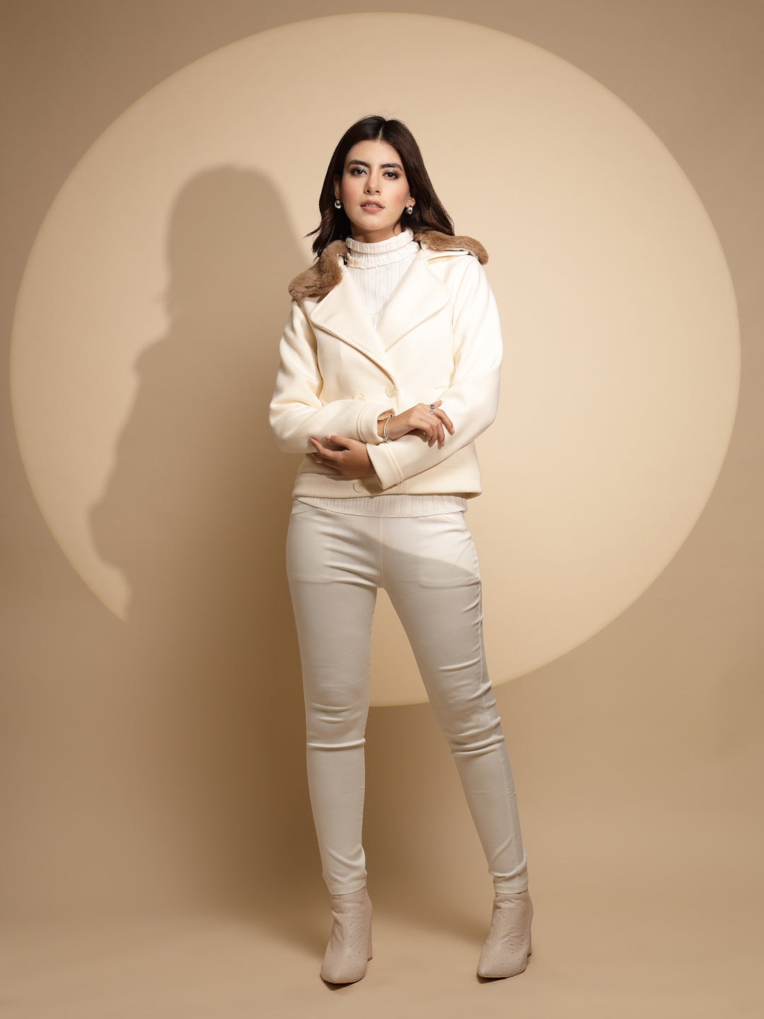 Women Off White Solid Collared Neck Full Sleeve Wool Blend Coat