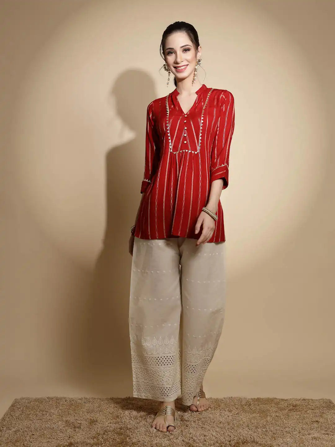 Red Printed Three Quarter Sleeves Mandarin Collar Tunic - Global Republic
