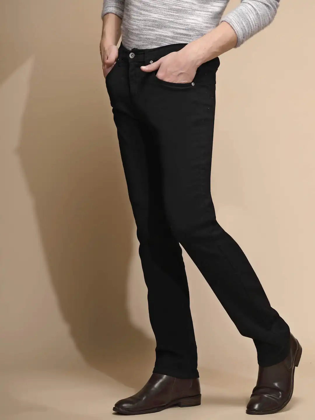 Solid Black Stretchable Mid Rise Straight Fit Cotton Blend Jeans - Global Republic