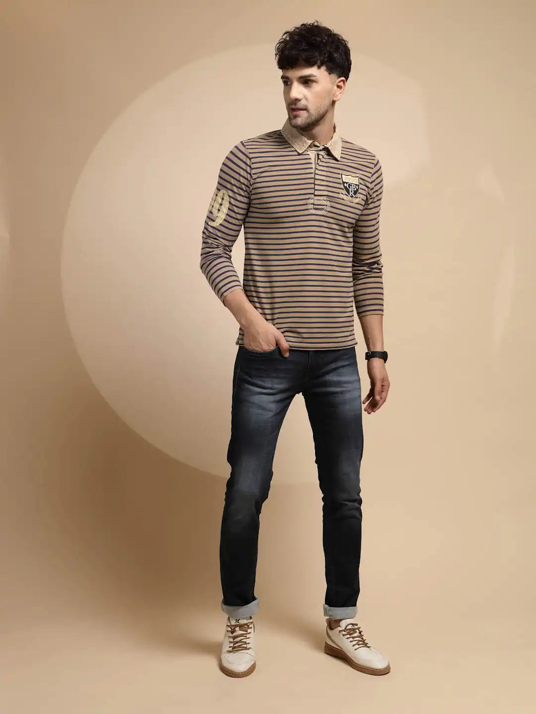 Brown Striped Three Fourth Sleeve T-Shirt