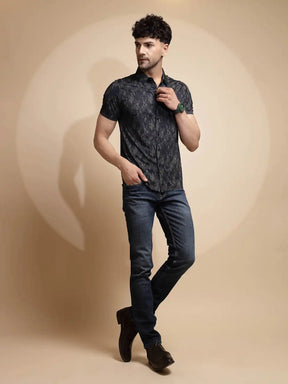 Black Printed Half Sleeve Collared Neck Cotton Shirt