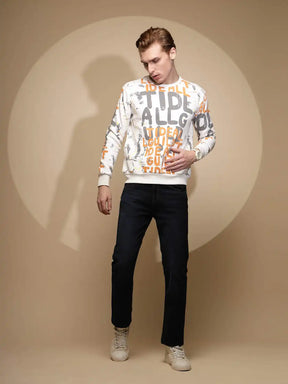 Off White Abstract Print Full Sleeve Round Neck Fleece Sweatshirt - Global Republic